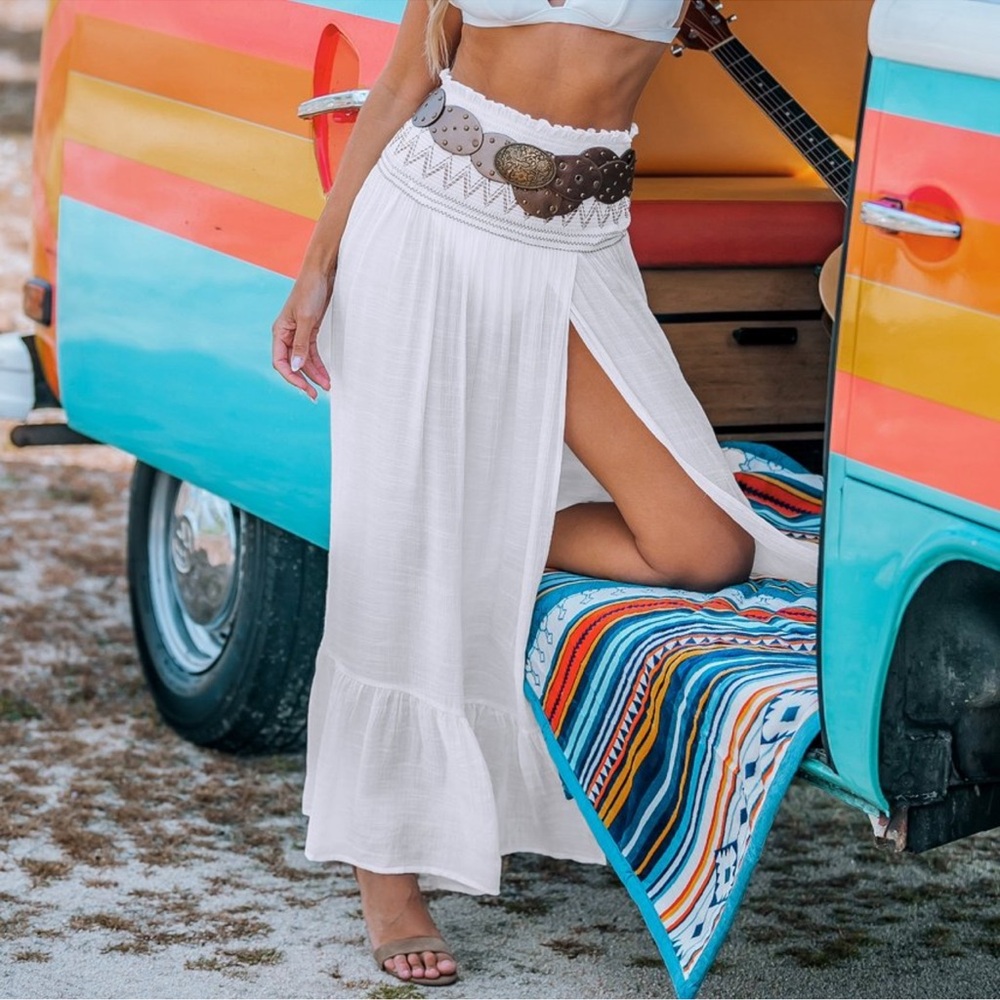 Women's White Smocked Waist Flounce Hem Cover-Up Maxi Skirt - Cupshe-S-White - Picture 3 of 7